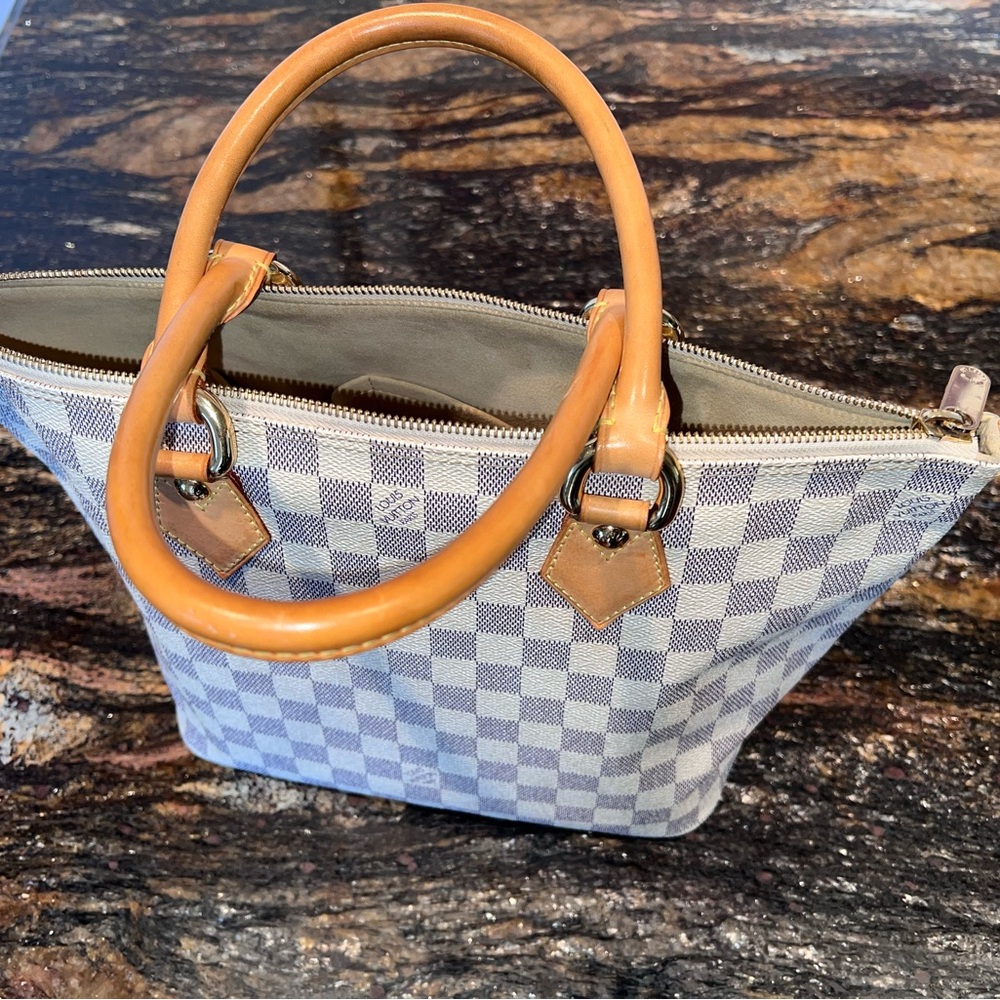 Louis Vuitton Blue/Gray Dam Azul Checkered Tote with Tan Handles.